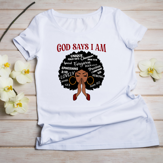 God Says I Am Short Sleeve Crew Neck T-shirt